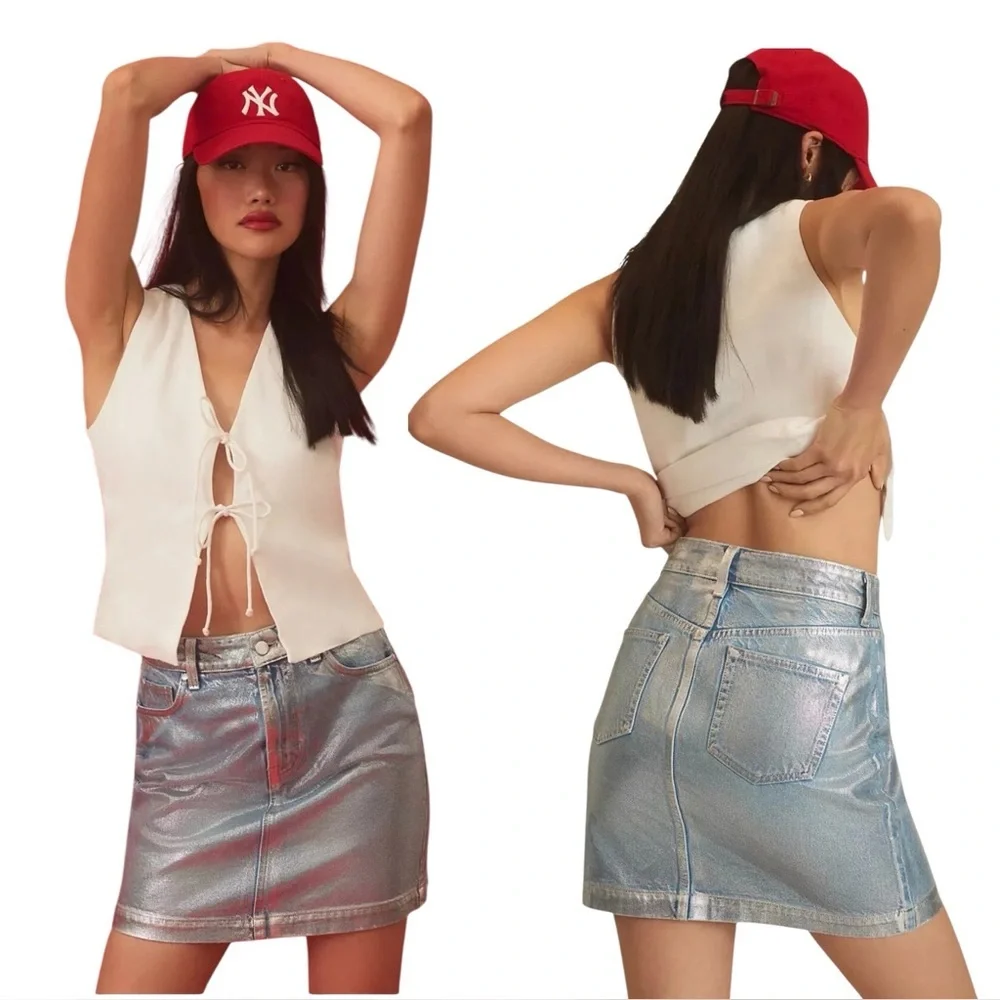 Pilcro by Anthropologie Metallic Coated Denim Mini Skirt Silver Blue - 2